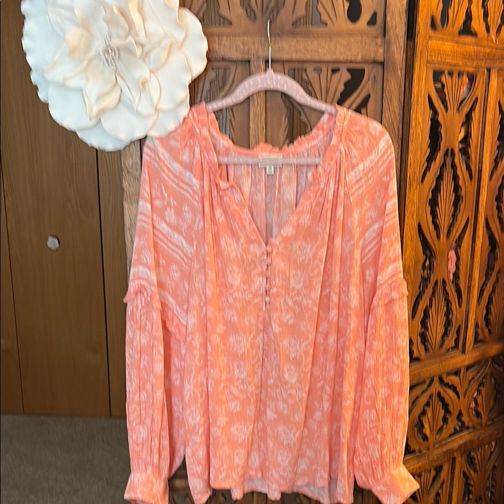 Wonderly Peach Printed Button-Peasant Tunic